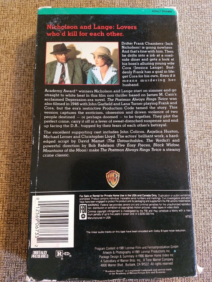 The Postman Always Rings Twice VHS 1981 Jack Nicholson Jessica Lange — 第 2/4 张图片