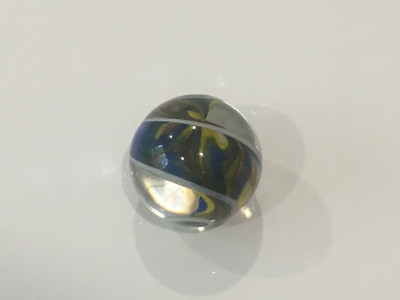 Unknown Age Blown Glass Shooter Marble White Blue Yellow Swirl