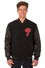 MLB Philadelphia Phillies Wool Leather Reversible Jacket Front Patch Logo Black