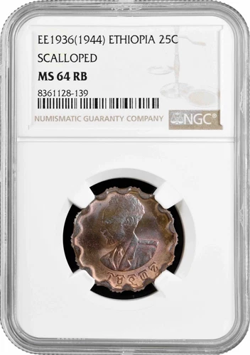 Ethiopia 25 santeem EE 1936 (1944), NGC MS64 RB, "Haile Selassie I  (1944-1976)"