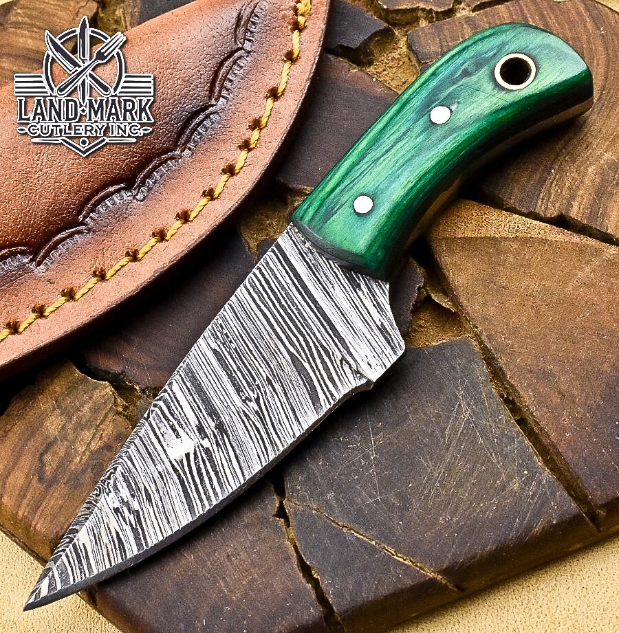3 Inch Damascus Steel Hunting Skinner Knife with Green Pakka Wood Handle  