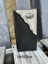 Black Basketweave and Cowhide Leather Tall Rodeo Wallet Bull Rider Concho