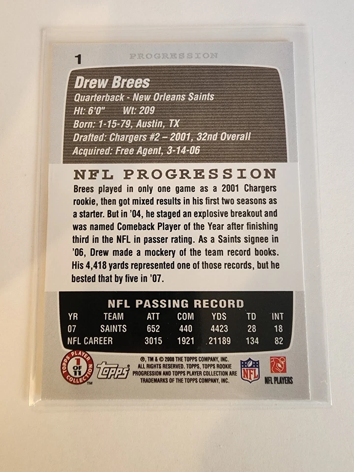 2008 Topps Rookie Progression #1 Drew Brees - New Orleans Saints - Image 2 of 2