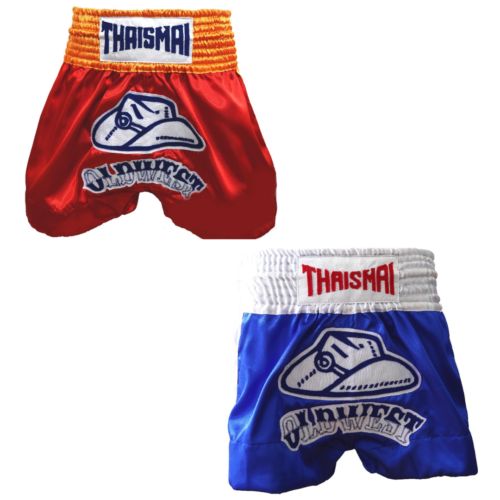 Pantaloncini da boxe THAISMAI Muay Thai MMA arti marziali vecchio West rosso blu raso bauli - Foto 1 di 6