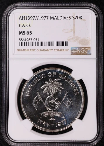 AH1397 1977 Maldives Silver 20 Rufiyaa, F.A.O. - NGC MS 65