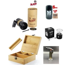 large bamboo smoking storage rolling box tray+grinder+raw king six shooter+torch