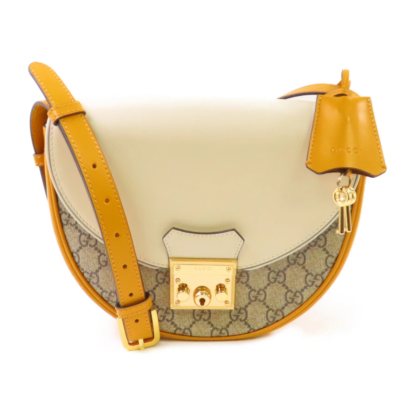 GUCCI GG Borsa a tracolla con lucchetto rivestita in tela pelle di vitello 644524 bianco giallo