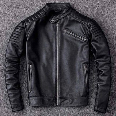 Luxury Mens Black Leather Biker Jacket Slim Fit Cafe Racer Motorcycle Coat