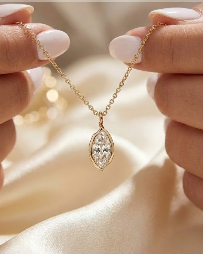 1.00 Ct Marquise GRA Certified Moissanite Pendant 14k Yellow Gold Free Chain