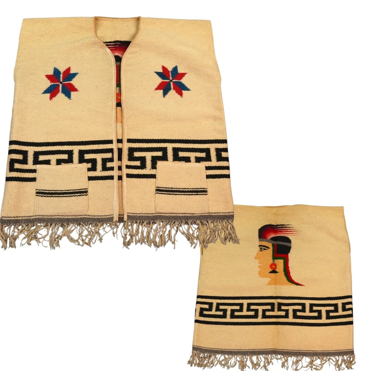 VTG Zapotec Oaxaca Handwoven Wool Gabán Vest Aztec Warrior Greca 