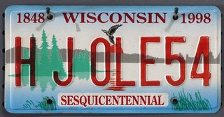 License Plate Wisconsin Sesquicentennial H J OLE 54