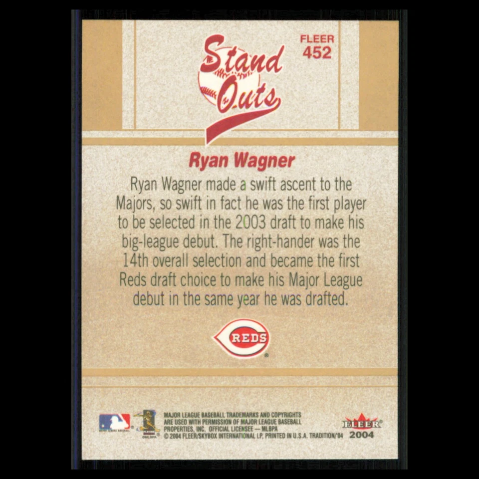 Tarjeta de béisbol Ryan Wagner #452 2004 Fleer Tradition Cincinnati Reds MLB casi nueva Foto 2 de 3