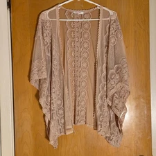 Stella Tweed Kimono One Size OS Petal Pink Floral Lace Open Front Romantic Boho