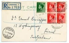 1936 GB registered postcard fr Bootle Liverpool to Switzerland (1st day for 1d)