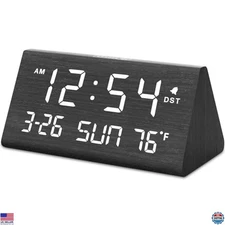 DreamSky Wooden Digital Alarm Clock - Stylish Desk Timepiece with USB, Temp &