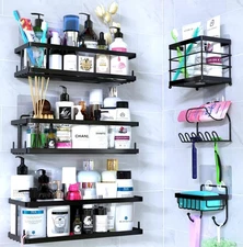 Set of 6 Bathroom Essentials Black Suction Cup Shower Caddy with Shower Baske...