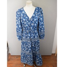LOFT Floral Paisley Maxi Dress Small Blue Tiered Boho V-Neck Long Sleeve Women