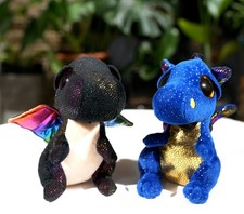 LOT of 2 Pre-Owned TY Beanie Boos 6" Stuffed Black  Blue Dragons Plush Toys
