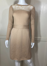 VALENTINO GARAVANI Camel Rib Knit Floral Lace Yoke Sheath Dress Made Italy Small
