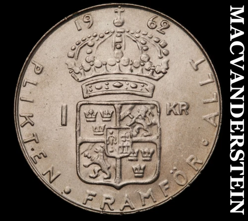Sweden: 1962 Silver One Krona - Choice Gem Brilliant Uncirculated  #N7099