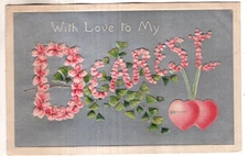 ANTIQUE EMBOSSED VALENTINE Postcard    "WITH LOVE TO MY DEAREST"  -  HEARTS, IVY