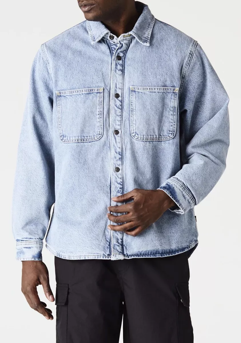 Stussy Sherpa Lined Denim Snap Front Stone Wash Jean Jacket Shirt