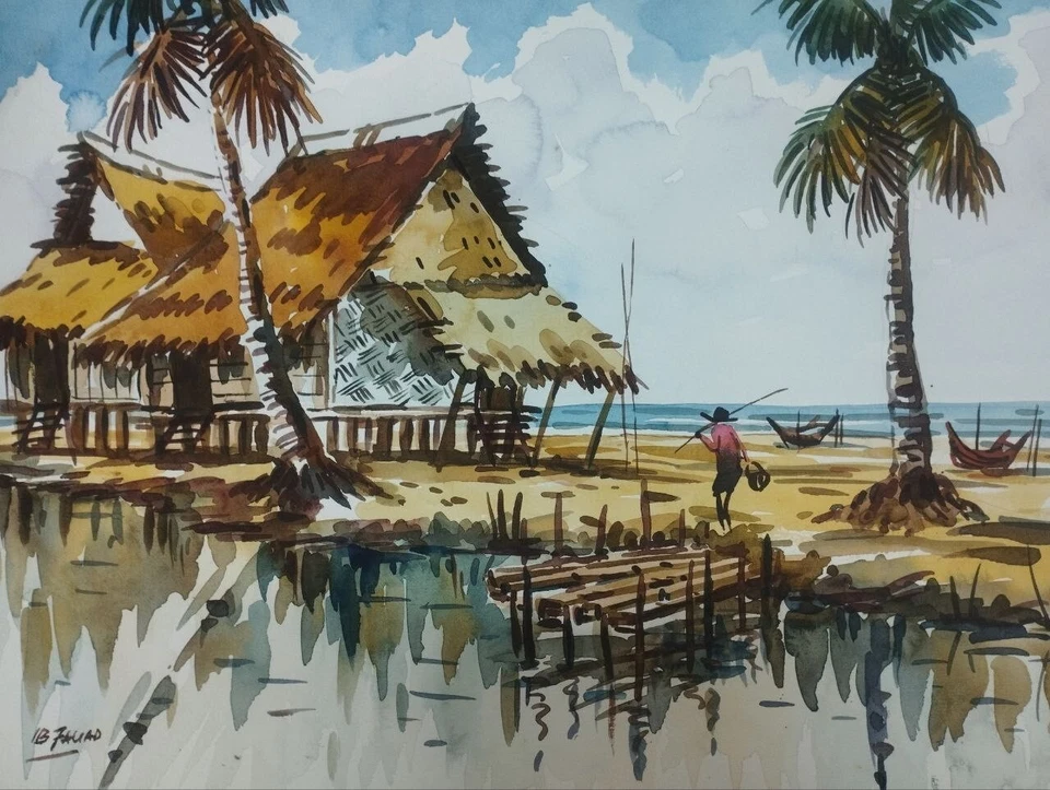 Original Watercolor Painting of Traditional Malay House and Fisherman at Sunrise - Image 1 of 1