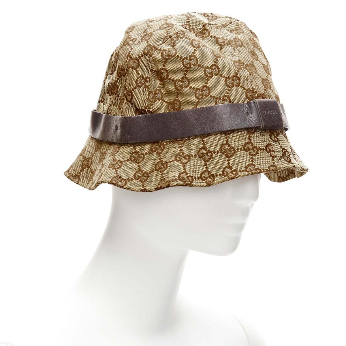 Gucci★素敵!Unisex Bucket Hat GG Monogram Lame Brown Canvas GUCCI Vintage brown GG monogram leather trim bucket hat L | eBay