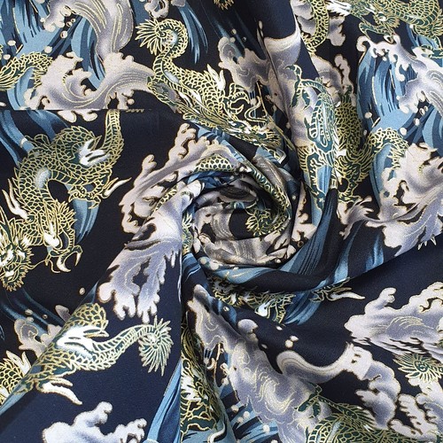 100% Cotton Metallic Gold Foil Japanese Dragon Peacock Quilting Fabric 58" - Picture 3 of 14
