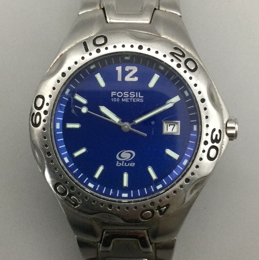 Fossil Watch Men 39mm Silver Tone Blue Dial Date AM-3421 New 