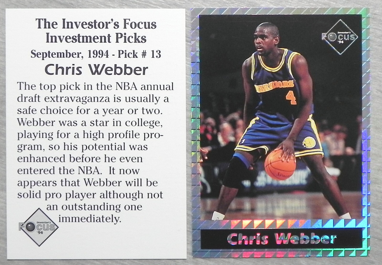 CHRIS WEBBER 1994 Investor's Focus Silver Prism Border Card #13  