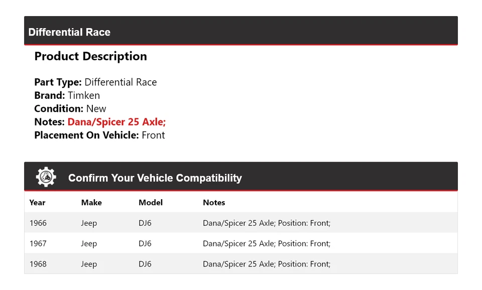 Diferencial delantero de carrera Timken 1967 para Jeep DJ6 1966-1968 Foto 2 de 4