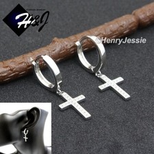 MEN WOMEN SOLID 925 STERLING SILVER ICY CZ CROSS DANGLE HUGGIE HOOP EARRING E245