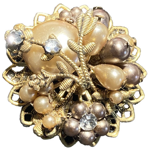 Google Lens IDed Miriam Haskell 12-22KP Gold Faux Pearl Rhinestone Pin Brooch Ol