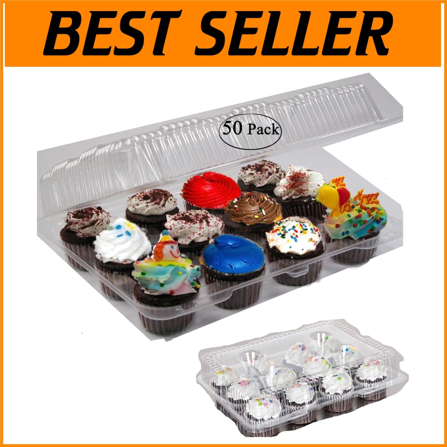 Juego a granel de 50 recipientes desechables para cupcakes - 12 cavidades con tapa con bisagras