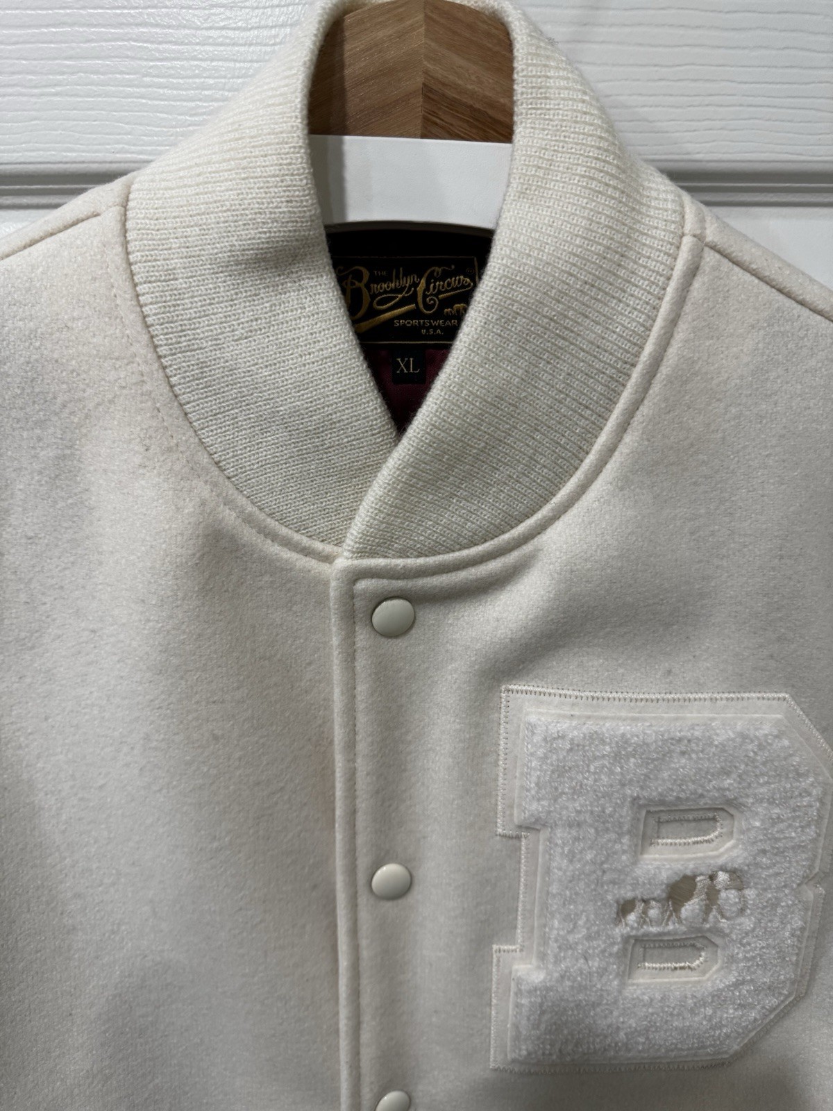 Brooklyn Circus BKC Wool Varsity Jacket - Oatmeal Gibson Oats XL Made In USA - second product detail image