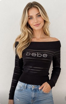 Bebe Rhinestones Spell Out Black Stretch Top Blouse Size Small