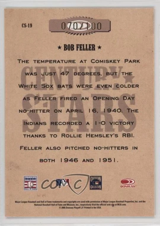 2005 Donruss Throwback Threads Stars Gold Century Proof /100 Bob Feller HOF - Image 2 of 2