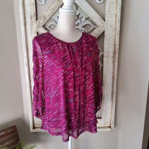 Zac & Rachel Women's Pop-Over Purple Gather Ruched Tie Sleeve Blouse Top