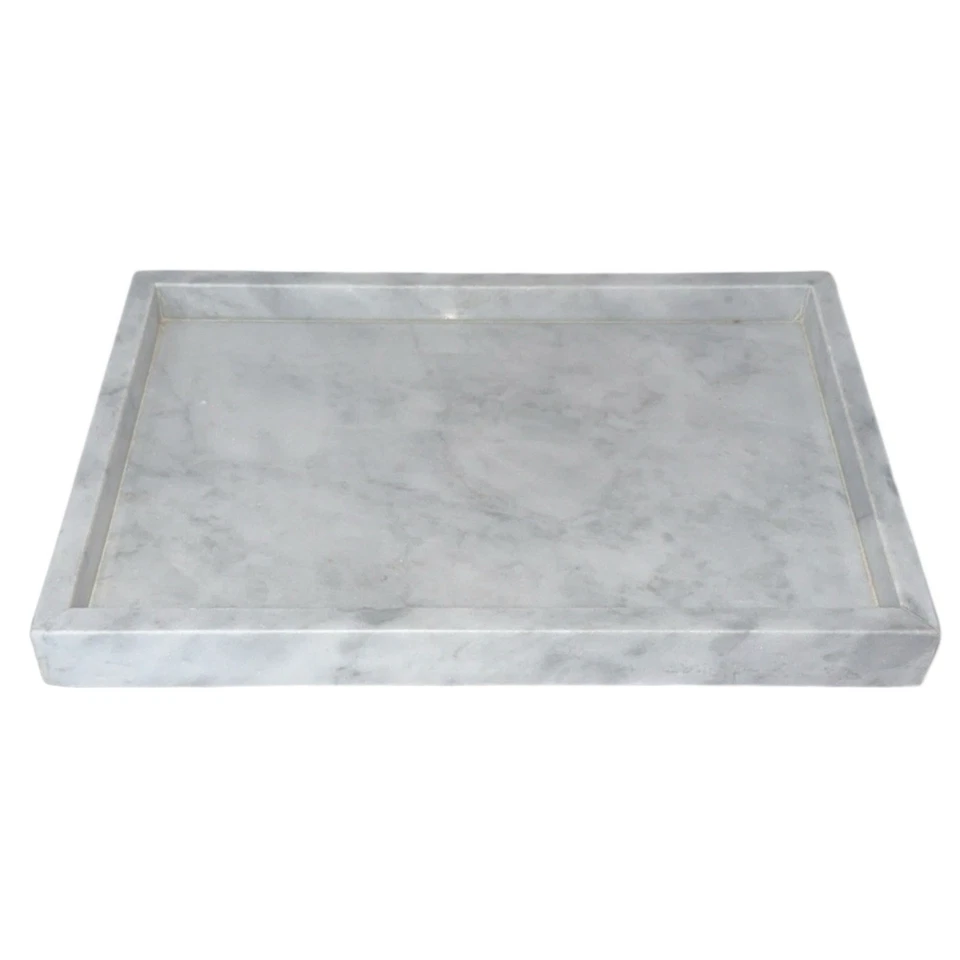 Solid Marble Vanity Tray – White Gray Carrara-Style Rectangle Stone Organizer - Image 2 of 4
