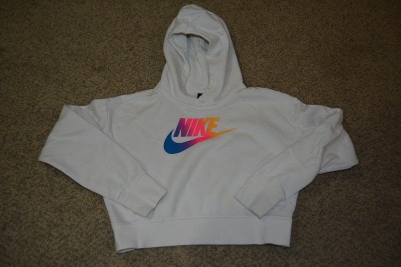 Girl's White Nike Cropped Sweatshirt with Rainbow Logo & Swoosh - Size Youth XL