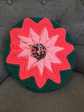 Vintage MCM Retro Round Pillow Crochet Throw Toss Hippie Boho Flower Zig Zag
