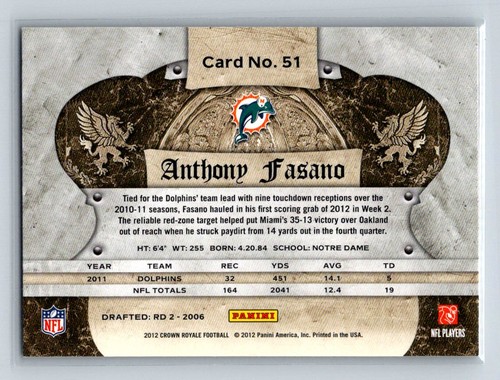 Panini Crown Royale Retail #51 2012 Anthony Fasano Miami Dolphins - Imagen 2 de 2