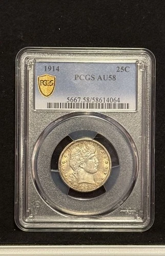 PCGS GOLD SHIELD 1914 BARBER QUARTER AU58!