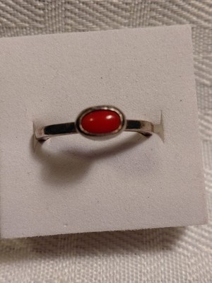 VTG 925 Dainty Red Coral Cabochon-set, ''C'' in circle, S w/I?, Southwest US Sz 6