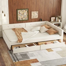 [New]Full Size Upholstered Platform Bed w/USB and 2 Drawers，Beige