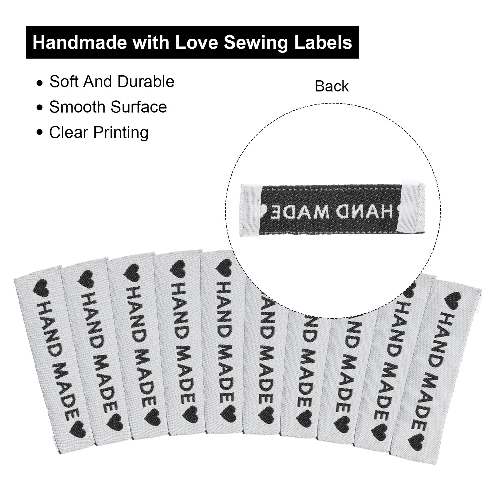 50pcs Handmade with Love Sewing Labels Embroidered Label Tags 2.17"L White
