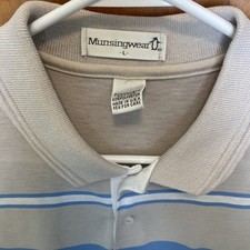 VTG Munsingwear Short Sleeve Polo USA Made, Large, Baby Blue/Tan Stripe