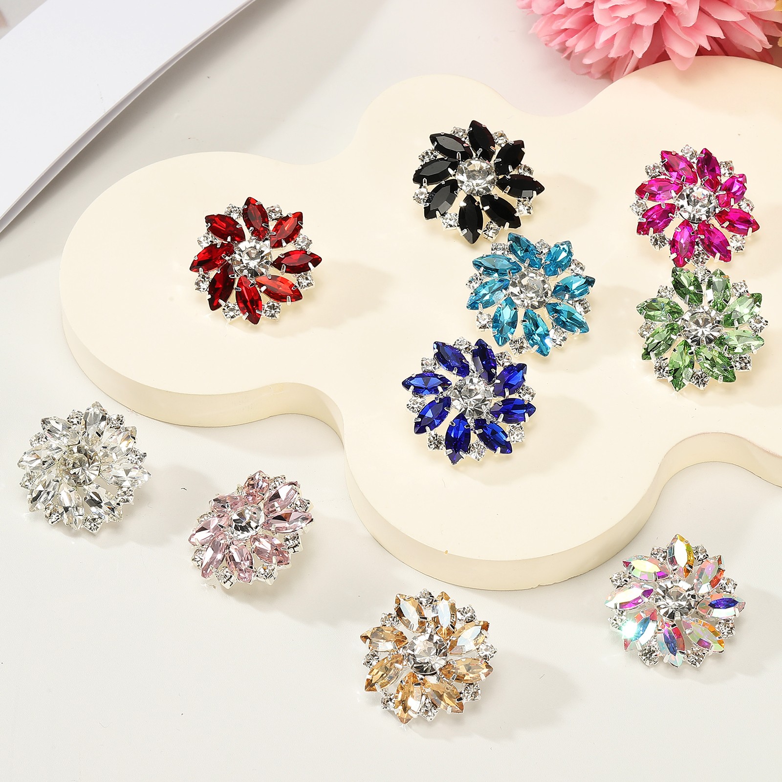 12Pcs Flower Rhinestone Buttons, 1" Bright Blue Crystal Shank Buttons