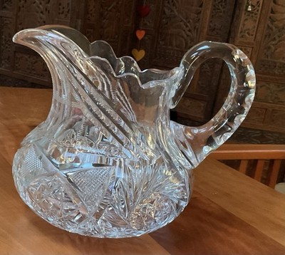 American Brilliant Period (ABP) HEAVY THICK Cut Crystal Pitcher Sawtooth Edge